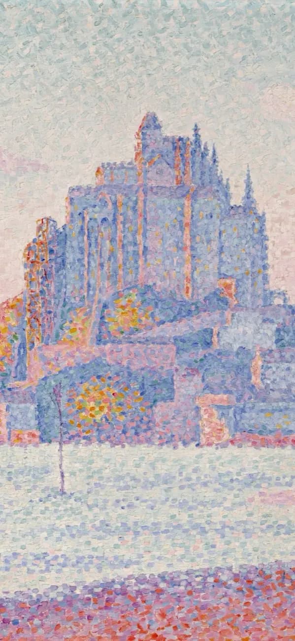 Mont Saint-Michel, Soleil couchant, peint par Paul Signac en 1897 : le Mont en touches pointillistes roses et bleues au soleil couchant
