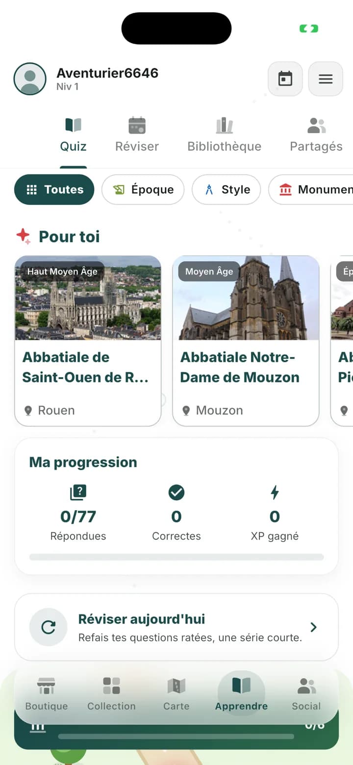 L'écran Apprendre de MonuGo : des quiz filtrables par époque, style ou monument, deux abbatiales proposées, et le compteur de progression de l'élève