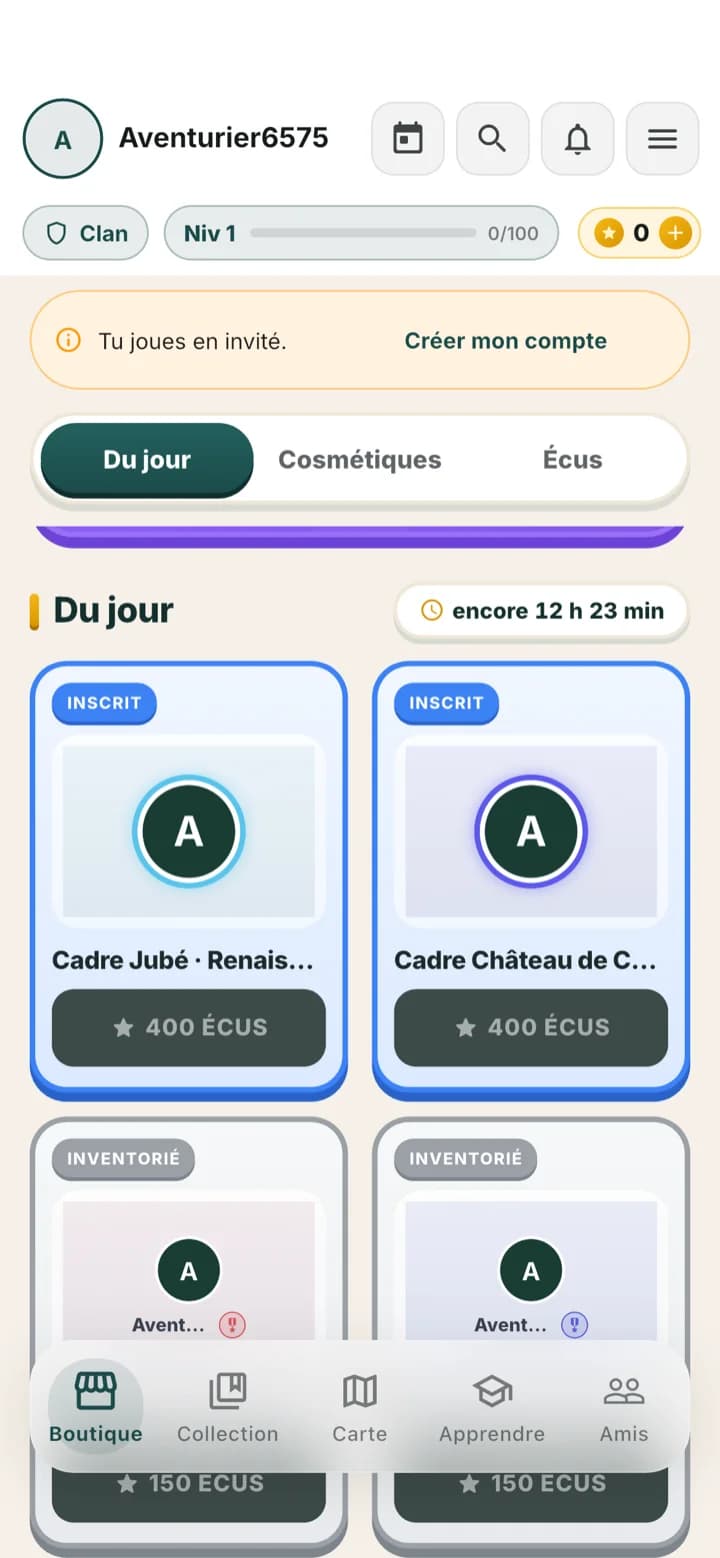La grille de la boutique du jour de MonuGo : cadres et objets de raretés Inscrit et Inventorié, minuteur avant renouvellement