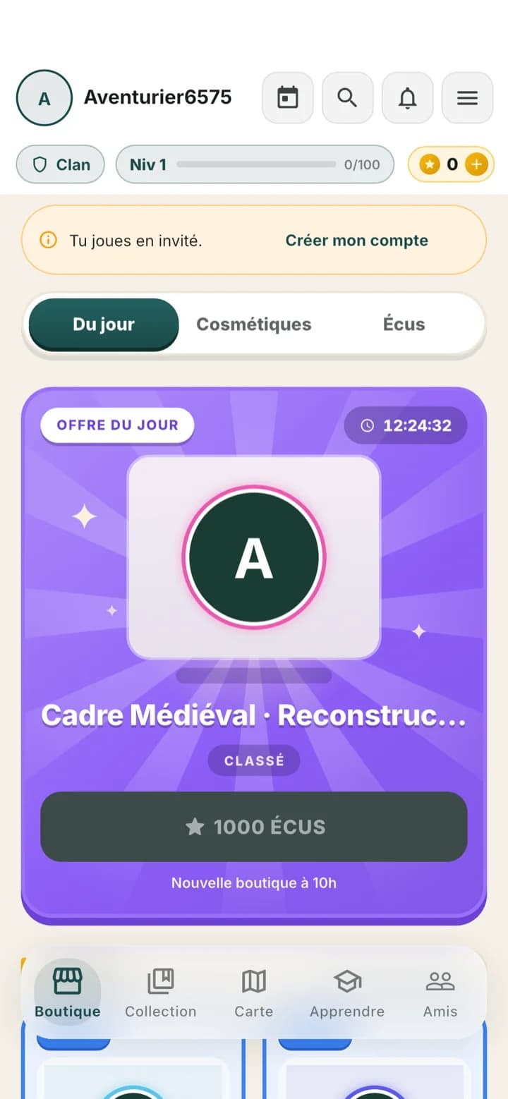 La boutique de MonuGo : l'offre du jour, un cadre médiéval de rareté Classé à 1000 écus, avec compte à rebours