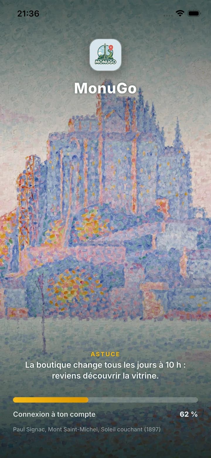 Écran d'ouverture de MonuGo : le Mont Saint-Michel peint par Paul Signac en 1897, chargement en cours